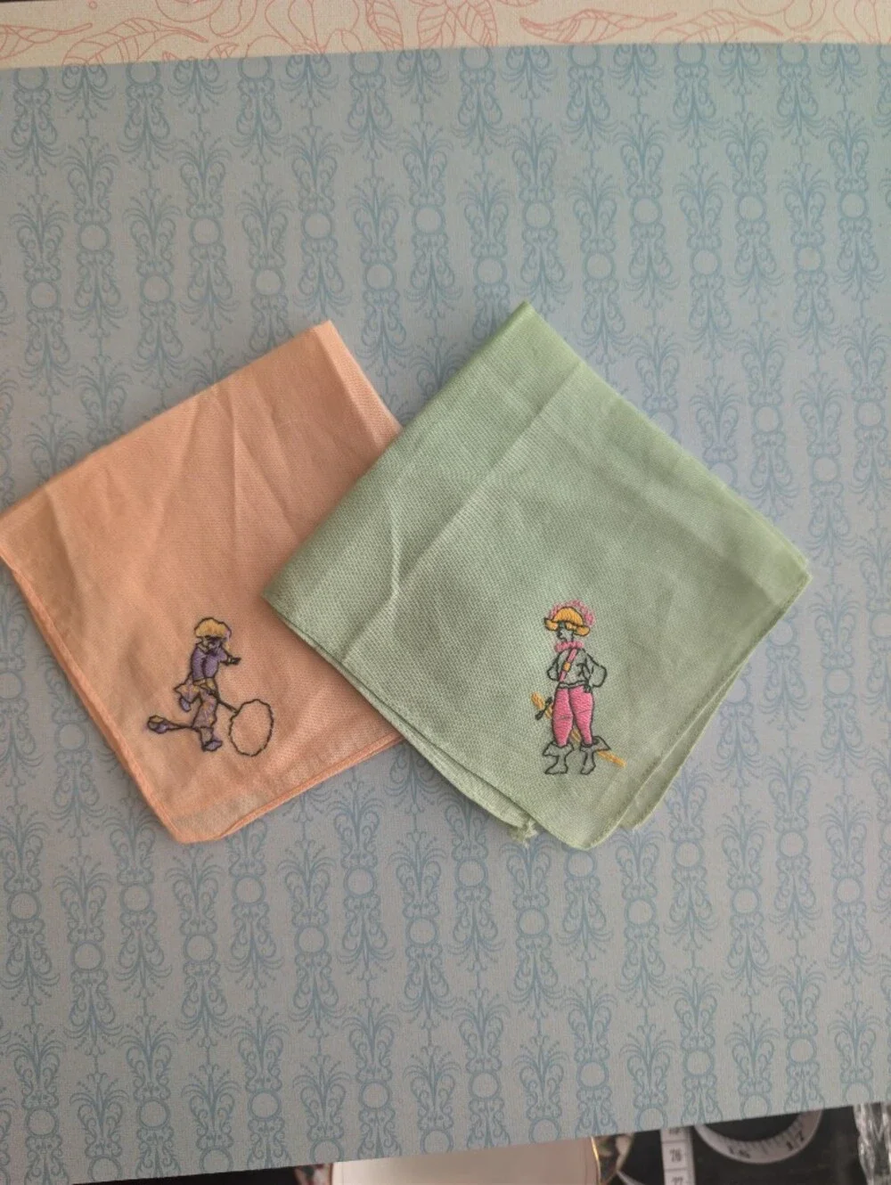 Vintage Kids Embroidered Pastel Handkerchiefs - Pink & Mint